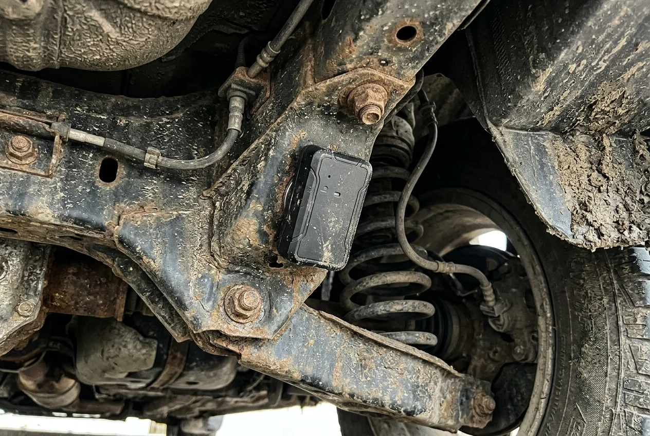 Detailní pohled na skrytý magnetický GPS tracker připevněný pod autem v blízkosti kola